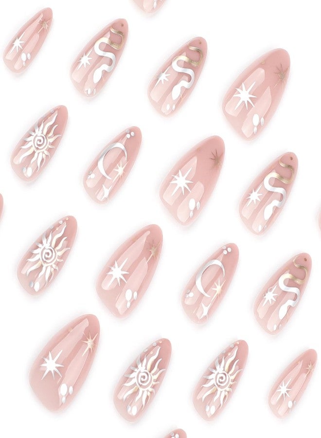 GRITOSE 24Pcs Almond Press on Nails Short Fake Nails Pink Almond False Nails with Snake Star Moon Pattern Design Artificial Acrylic Nails Press ons Full Cover Holiday Stick on Nails for Women Girls - Image 3