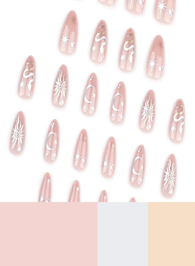GRITOSE 24Pcs Almond Press on Nails Short Fake Nails Pink Almond False Nails with Snake Star Moon Pattern Design Artificial Acrylic Nails Press ons Full Cover Holiday Stick on Nails for Women Girls - Image 2