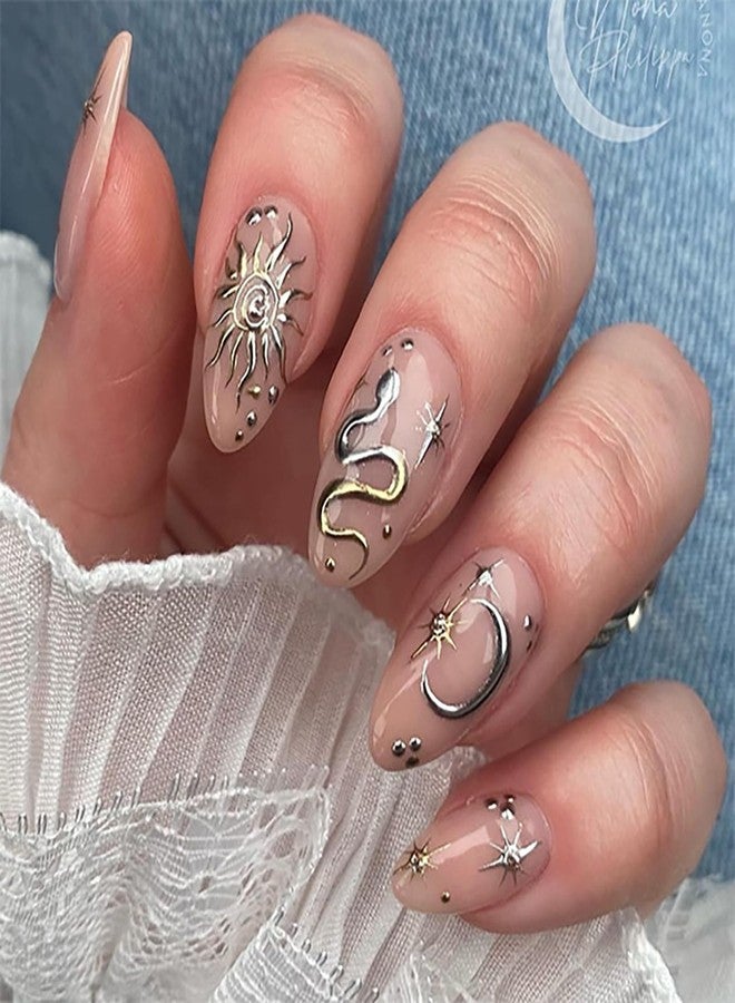 GRITOSE 24Pcs Almond Press on Nails Short Fake Nails Pink Almond False Nails with Snake Star Moon Pattern Design Artificial Acrylic Nails Press ons Full Cover Holiday Stick on Nails for Women Girls - Image 1
