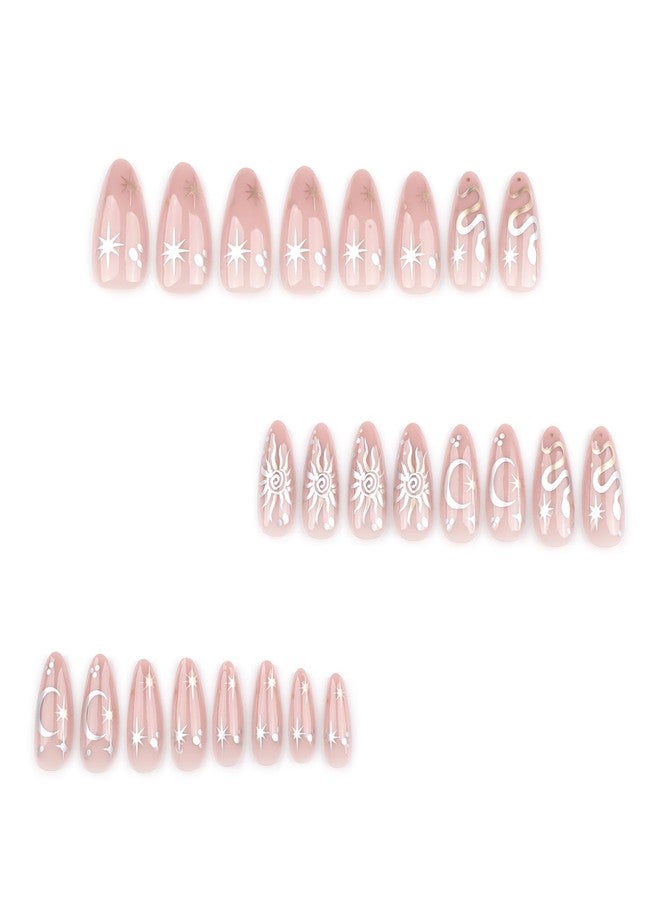 GRITOSE 24Pcs Almond Press on Nails Short Fake Nails Pink Almond False Nails with Snake Star Moon Pattern Design Artificial Acrylic Nails Press ons Full Cover Holiday Stick on Nails for Women Girls - Image 4