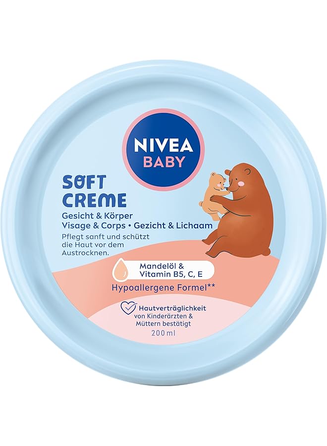 Nivea Baby Soft Care Cream Vegan And Hypoallergenic Protects And Strengthens Moisturizing For Babies With Almond Oil And Vitamins No Microplastics And Parabens (200 Ml)