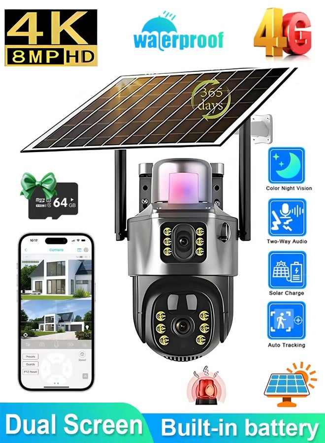 ديقيساند كاميرا شمسية بدقة 4K و8 ميجابكسل، تدعم شريحة 4G، مزودة بخاصية PTZ، كاميرا مراقبة، كاميرا CCTV، كاميرا IP خارجية بعدسة مزدوجة، مزودة بلوحة شمسية، بطارية مدمجة، وكاميرا PIR (مع بطاقة ذاكرة SD سعة 64 جيجابايت). - Image 1