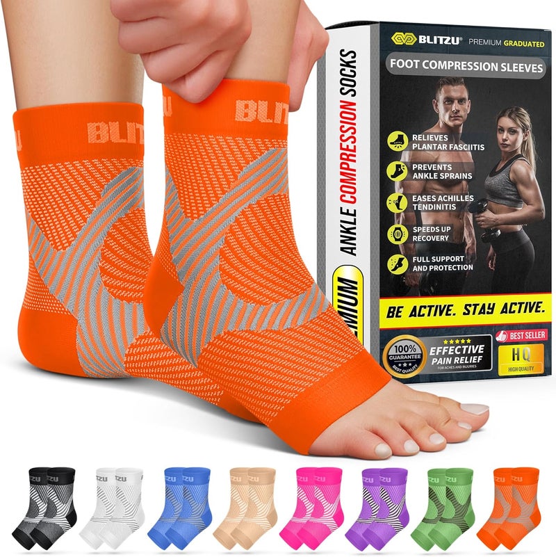 BLITZU Compression Socks for Plantar Fasciitis, Achilles Tendonitis, Arthritis Relief, Ankle Brace Compression Sleeve with Foot Arch Support, Ankle Wrap for Women, Men, Swelling & Heel Pain Orange L-XL - Image 1