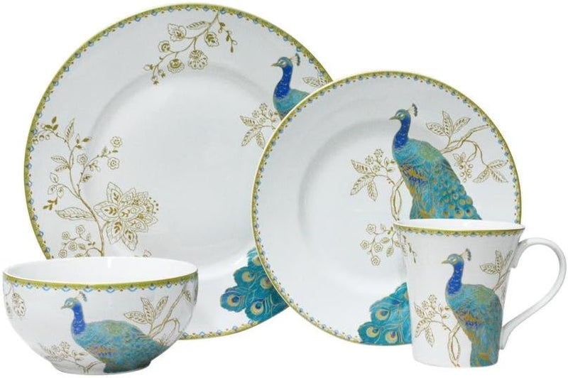 222 Fifth مجموعة أدوات المائدة غير الرسمية من بورسلين 222 فيفث بيكوك غاردن 16 قطعة باللون الأزرق لخدمة 4 تصميم طاووس ملكي باللونين الأخضر والذهبي آمنة للاستخدام في الميكروويف وغسالة الصحون للاستخدام اليومي والترفيه - Image 1