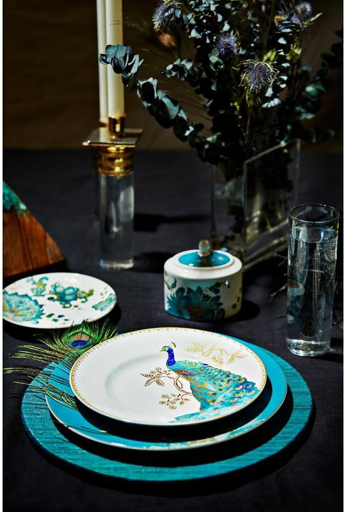 222 Fifth مجموعة أدوات المائدة غير الرسمية من بورسلين 222 فيفث بيكوك غاردن 16 قطعة باللون الأزرق لخدمة 4 تصميم طاووس ملكي باللونين الأخضر والذهبي آمنة للاستخدام في الميكروويف وغسالة الصحون للاستخدام اليومي والترفيه - Image 2