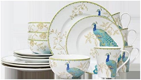 222 Fifth مجموعة أدوات المائدة غير الرسمية من بورسلين 222 فيفث بيكوك غاردن 16 قطعة باللون الأزرق لخدمة 4 تصميم طاووس ملكي باللونين الأخضر والذهبي آمنة للاستخدام في الميكروويف وغسالة الصحون للاستخدام اليومي والترفيه - Image 3