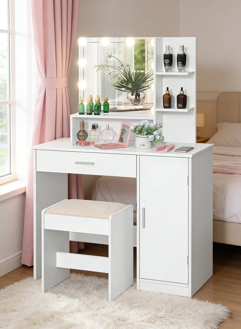 Sharpdo Bedroom Makeup Dressing Table with 1 Drawer Drawer Dresser ,Vanity Table 1 Cabinet and 2 Separate Storage Shelves, 3 Lighting Modes and Adjustable Brightness Dressing Table With Drawers Vanity Table Beautiful Makeup Table 90*40*137CM (Does Not Include Dressing Stool) - Image 4