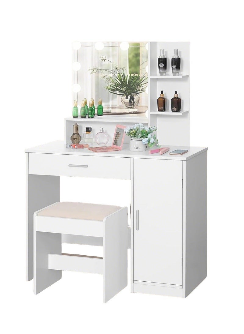 Sharpdo Bedroom Makeup Dressing Table with 1 Drawer Drawer Dresser ,Vanity Table 1 Cabinet and 2 Separate Storage Shelves, 3 Lighting Modes and Adjustable Brightness Dressing Table With Drawers Vanity Table Beautiful Makeup Table 90*40*137CM (Does Not Include Dressing Stool) - Image 2