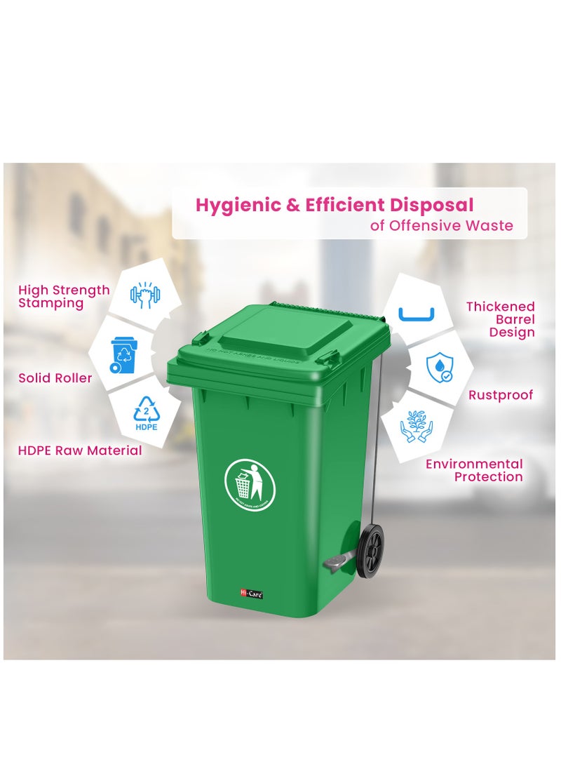 Hi Care Plastic Garbage Bin 120 Litre With Wheel and Pedal - Heavy Duty Kitchen Dust Bin Outdoor Recycle Trash Can Large Industrial Waste Bin Trash Bin (Green)  - Image 2
