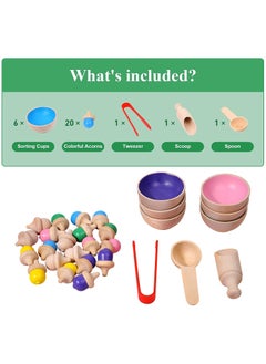 KASTWAVE Wooden Color Sorting Toys for Baby, Color Learning Activities Teaching Toy Color Matching Game, Rainbow Counting Acorns with Bowls Tweezer Spoon, Montessori Toy for Kids Boys Girls  - Image 5