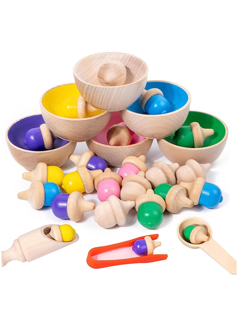 KASTWAVE Wooden Color Sorting Toys for Baby, Color Learning Activities Teaching Toy Color Matching Game, Rainbow Counting Acorns with Bowls Tweezer Spoon, Montessori Toy for Kids Boys Girls  - Image 1