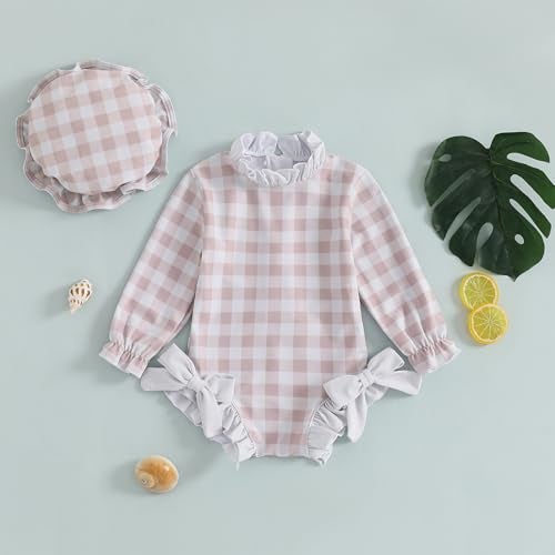Socutebabe Baby Girl Swimsuit Baby Girls Long Sleeve One Piece Swimsuit Romper with Hat Bathing Suit Beach Rash Guard (aa-r-Khaki, 0-3 Months) - Image 2