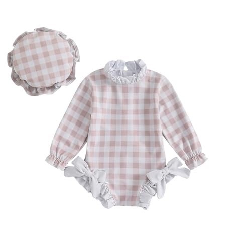 Socutebabe Baby Girl Swimsuit Baby Girls Long Sleeve One Piece Swimsuit Romper with Hat Bathing Suit Beach Rash Guard (aa-r-Khaki, 0-3 Months) - Image 1