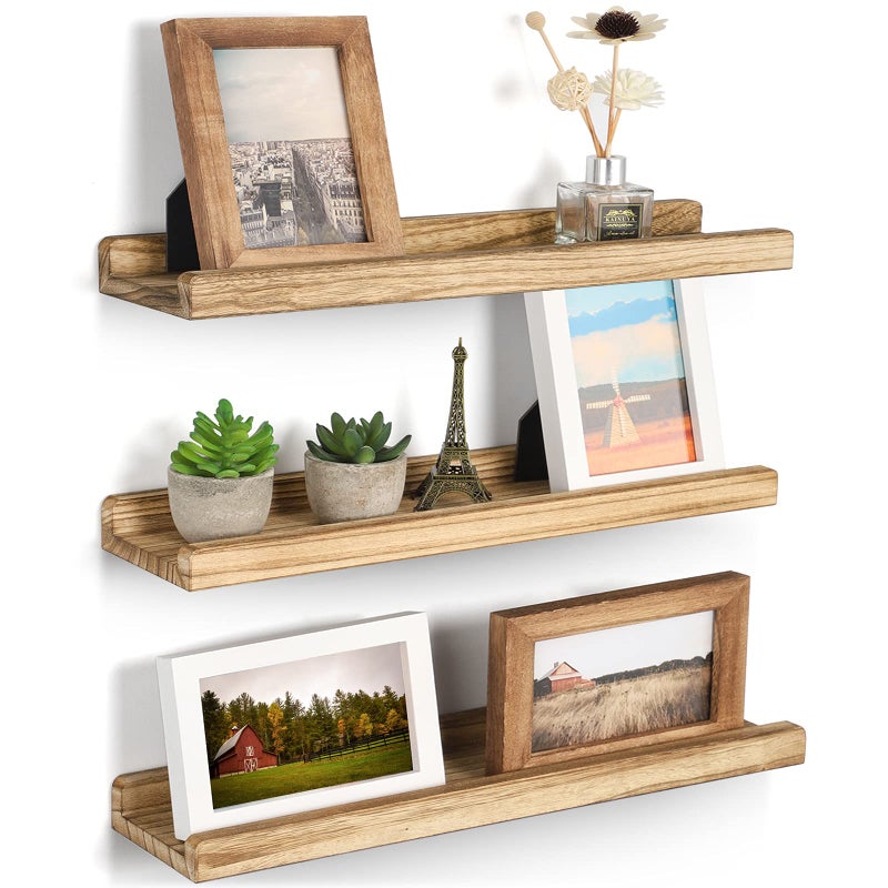 Emfogo Floating Shelves for Wall, 16.9 inch Wood Wall Shelves with Ledge, Floating Shelf Picture Ledge Set of 3 for Living Room Bedroom Kitchen Display and Storage(Rustic Brown) - Image 1