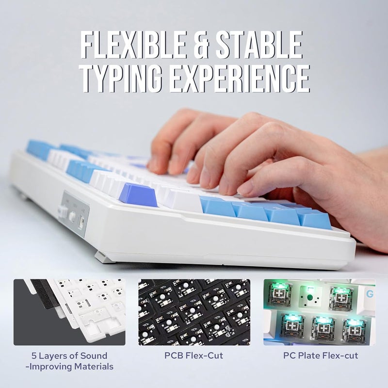 EPOMAKER x AULA F99 Wireless Mechanical Keyboard, Hot Swappable Gasket Custom Gaming Keyboard with Five-Layer Padding, Bluetooth/2.4GHz/USB-C, 8000mAh Battery (White Light Blue, Graywood V3) - Image 5