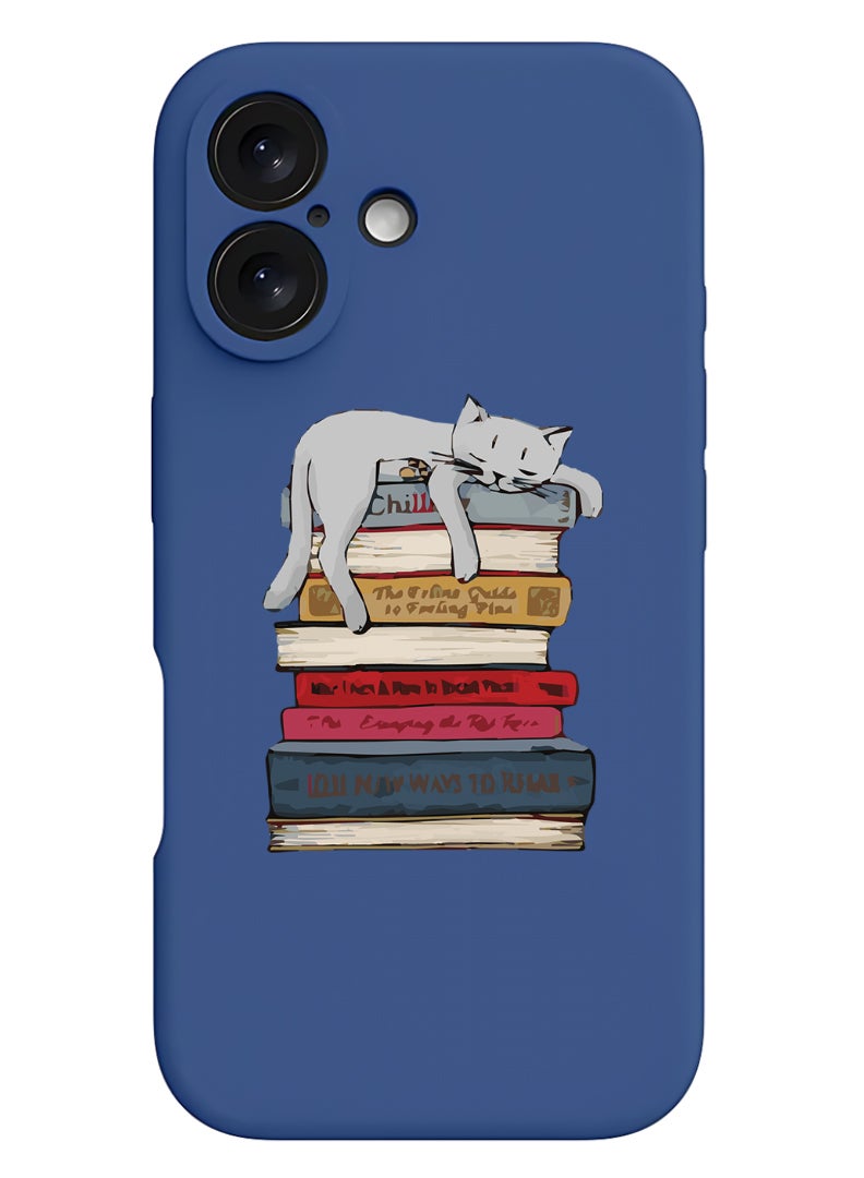 Theodor iPhone 16 Blue Protective Slim Fit Case Liquid Silicone Cover with Full Body Protection Anti-Scratch Shockproof Case For iPhone - Cat on books - Image 1