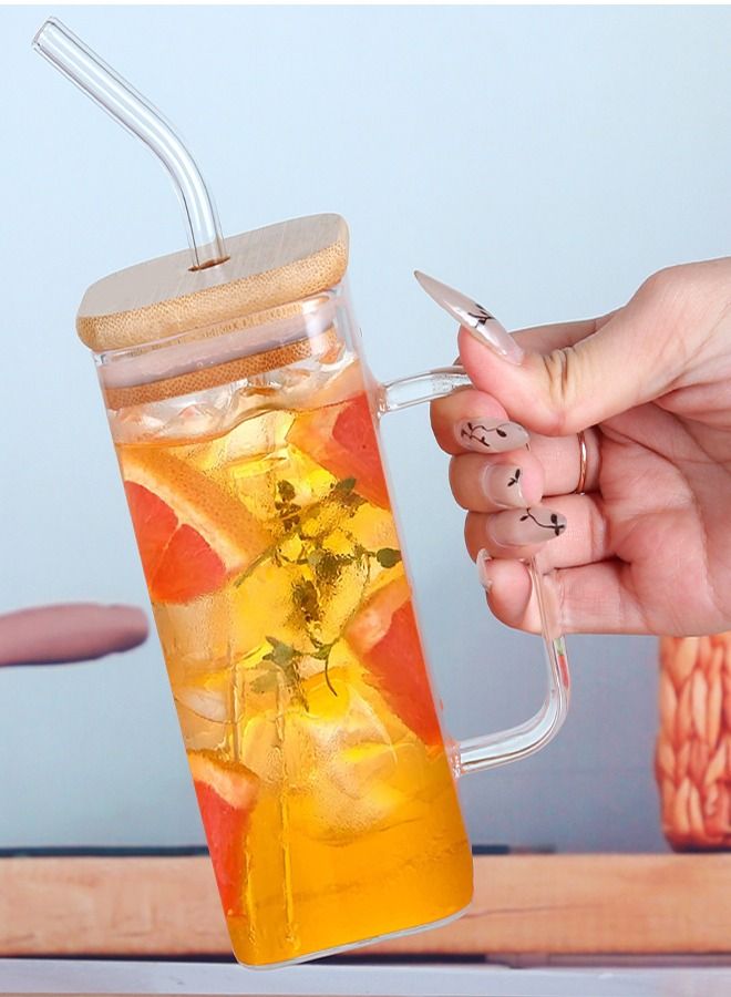1Chase Set of 2- 400 ML  Borosilicate Square Glass Drinking Jars with Bamboo Lids, Glass Straws & Handles.  Can-Shaped Drinking Cups for Juices, Coffee, Iced Tea & Smoothies - Image 3