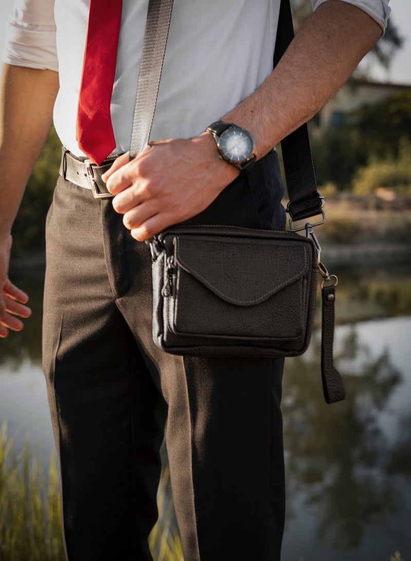 موتيفيا حقيبة يد و حقيبة كروس رجالي جلد طبيعي 2*1 حقيبة كتف للرجال شنطة كروس رجالي مع حزام للكتف و سوار للحمل في المعصم - Image 5