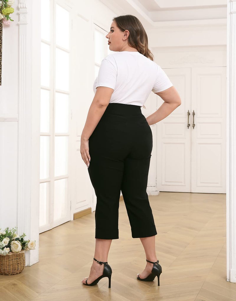 HDE Plus Size Pull On Capri Pants for Women with Pockets Elastic Waist Commuter Travel Casual Work Cropped Pants with Cuff Black - 3X - Image 3