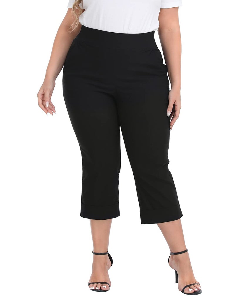 HDE Plus Size Pull On Capri Pants for Women with Pockets Elastic Waist Commuter Travel Casual Work Cropped Pants with Cuff Black - 3X - Image 1