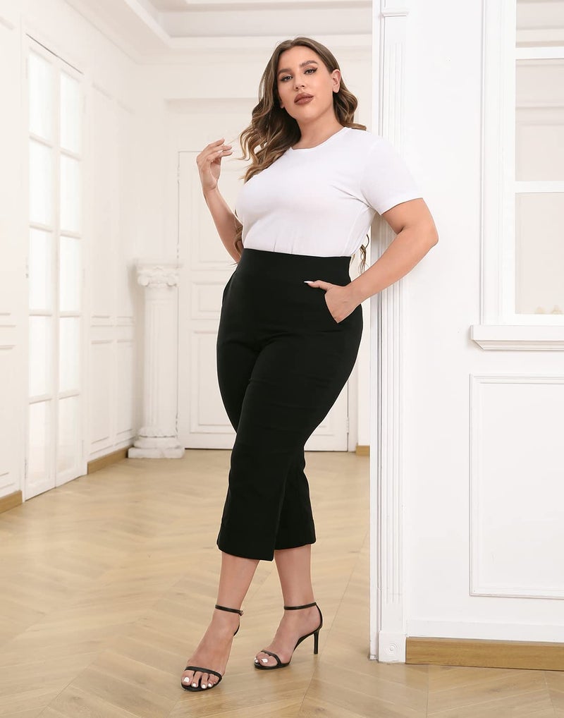 HDE Plus Size Pull On Capri Pants for Women with Pockets Elastic Waist Commuter Travel Casual Work Cropped Pants with Cuff Black - 3X - Image 2