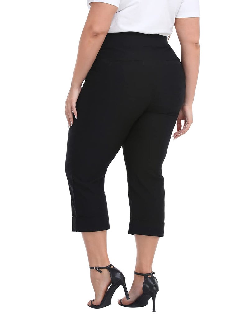 HDE Plus Size Pull On Capri Pants for Women with Pockets Elastic Waist Commuter Travel Casual Work Cropped Pants with Cuff Black - 3X - Image 5