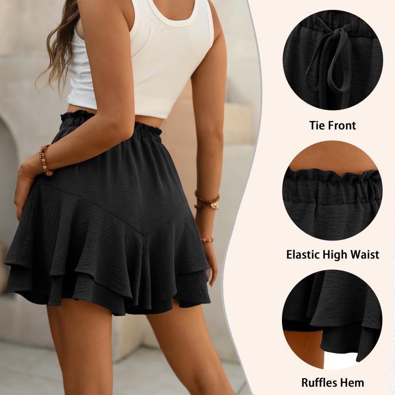 Lepunuo Shorts for Women Flowy Boho Ruffle Tiered Skorts High Waist Mini Skirts Beach Vacation Shorts A-Black - Image 4