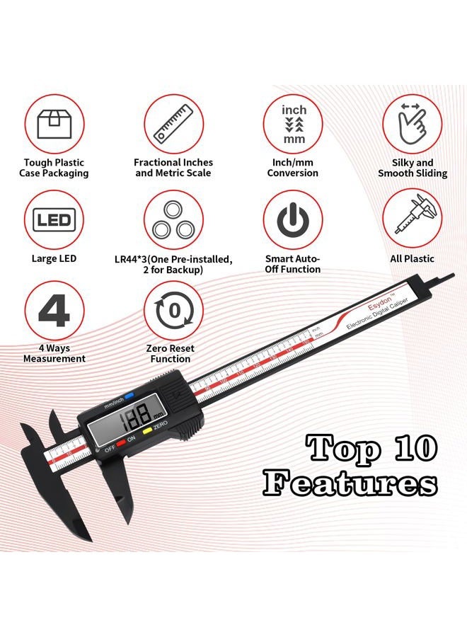 Esydon Digital Caliper Upgraded 6" Caliper, Measuring Tool, Electronic Ruler, with Large LCD Display, Auto Shut Down, Conversion of "Emm", Plastic CX, Perfect for Use - Image 2