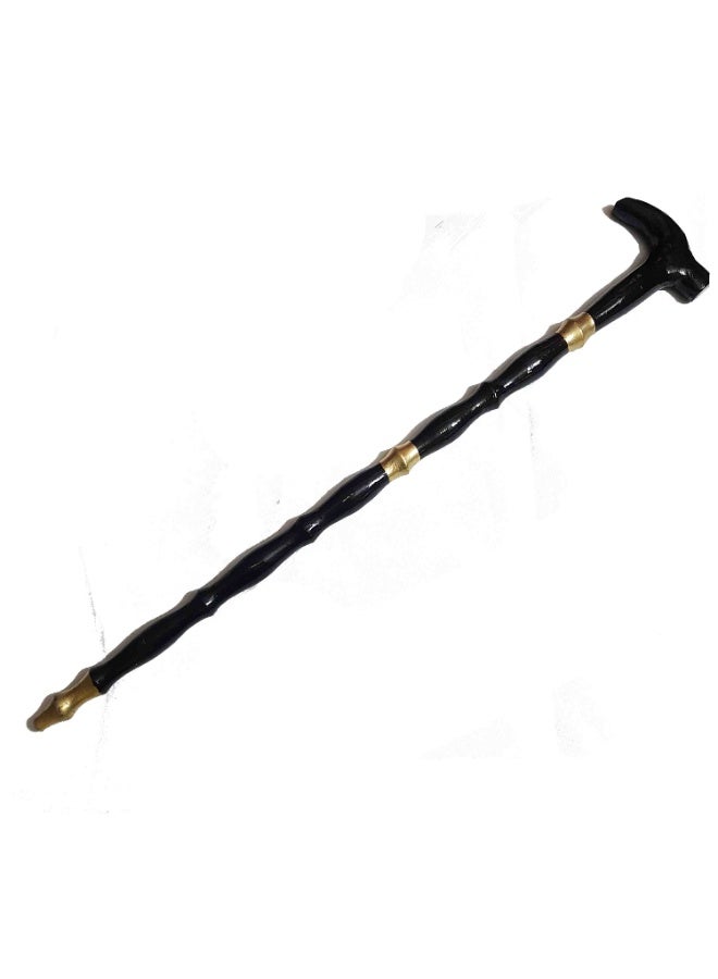 Wooden cane with black and gold plastic handle