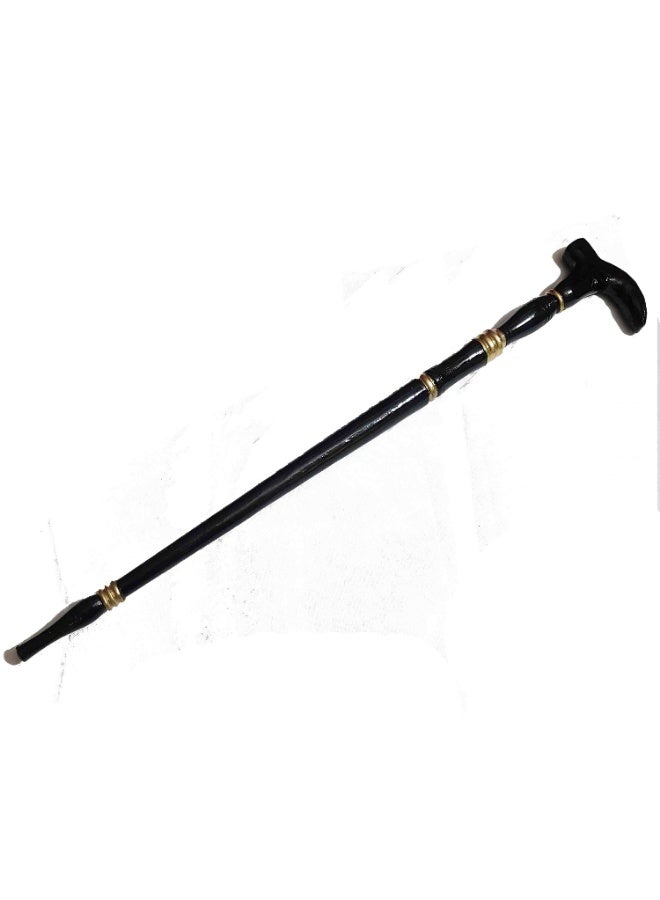 Wooden cane with black and gold plastic handle