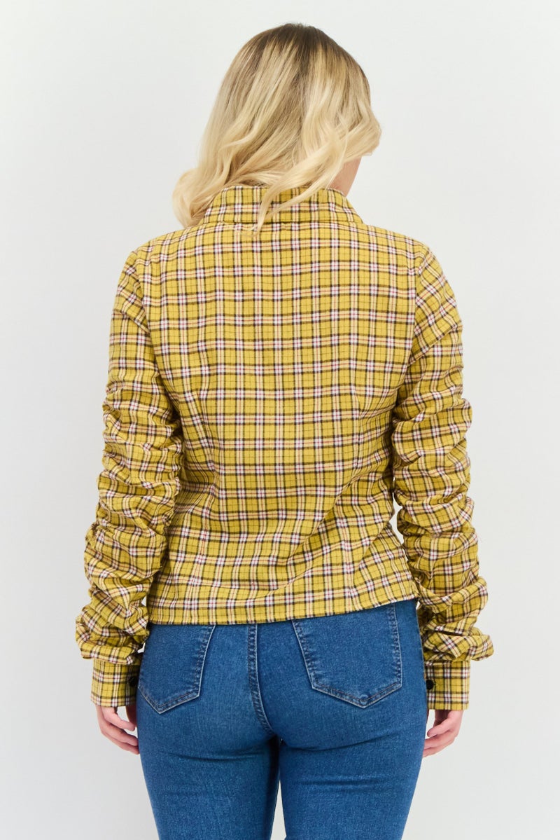 I SAW IT FIRST Women Spread Collar Long Sleeves Checkered Blouse, Yellow Combo - Image 3