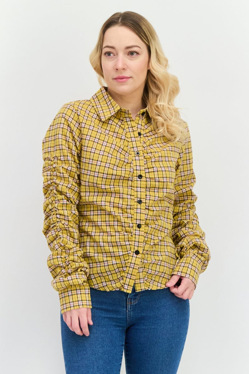I SAW IT FIRST Women Spread Collar Long Sleeves Checkered Blouse, Yellow Combo - Image 1