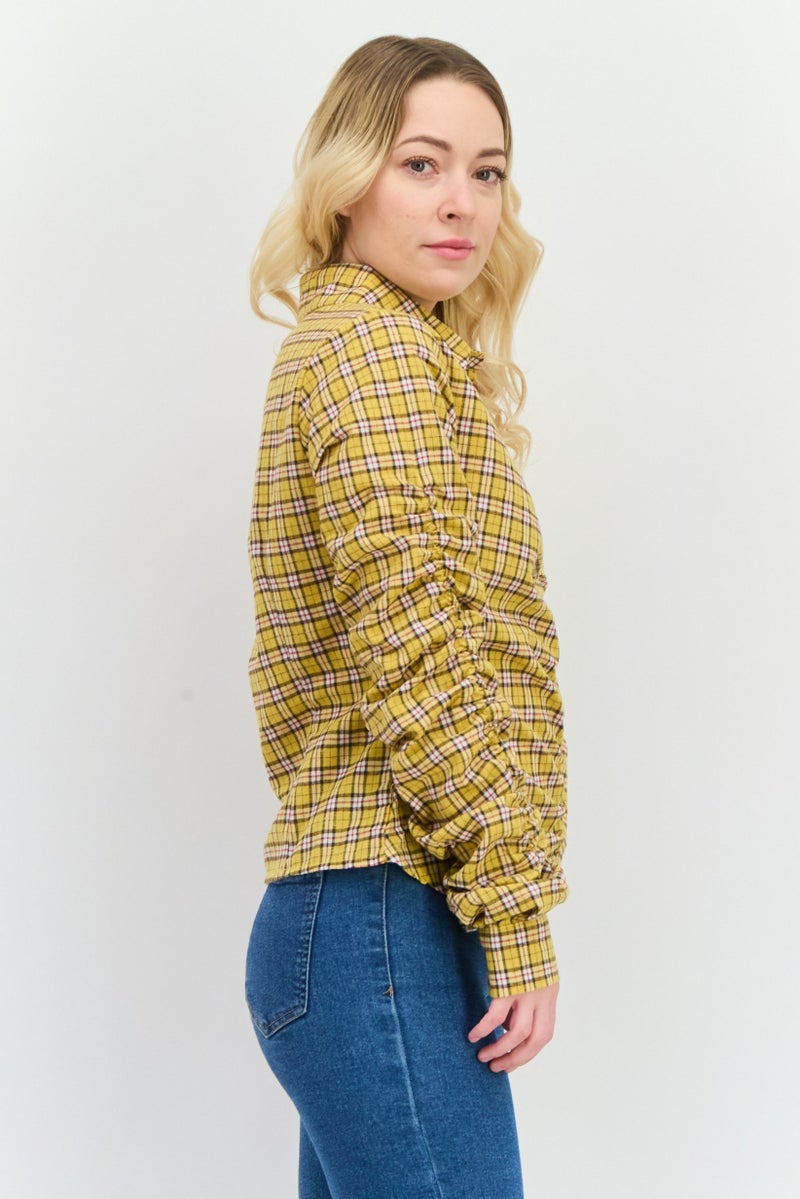 I SAW IT FIRST Women Spread Collar Long Sleeves Checkered Blouse, Yellow Combo - Image 2