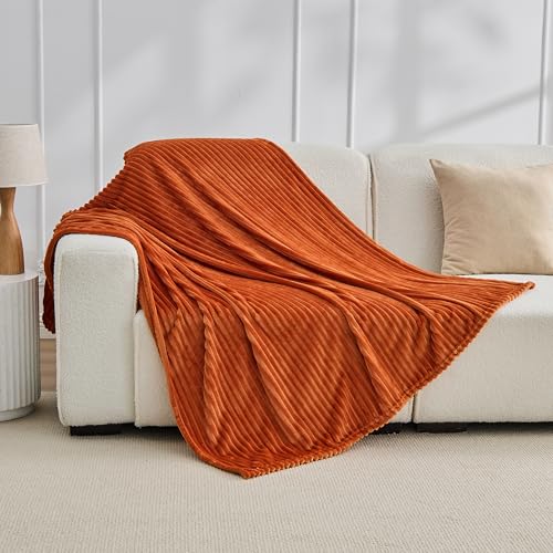 Bnuitland Burnt Orange Fleece Throw Blanket 300GSM Soft Warm Cozy Fluffy Throw for Babys Pets Stripe Pattern 50x40 All Season Sofa Bed Blanket for Home Decor - Image 1