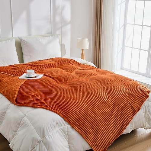 Bnuitland Burnt Orange Fleece Throw Blanket 300GSM Soft Warm Cozy Fluffy Throw for Babys Pets Stripe Pattern 50x40 All Season Sofa Bed Blanket for Home Decor - Image 3