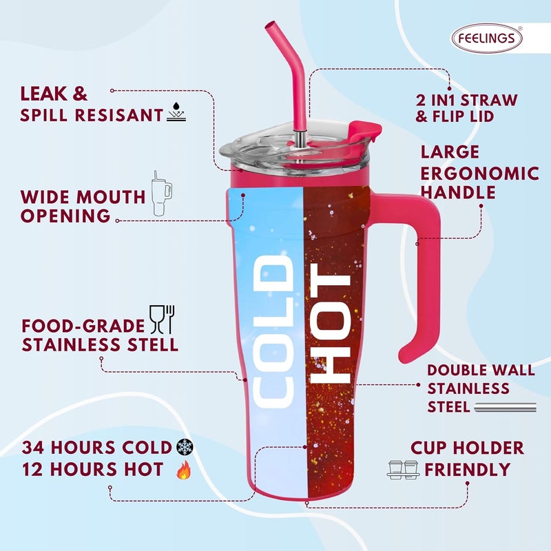 Feelings 40oz Insulated Stainless Steel Tumbler with Handle, Travel Coffee Mug with Straw and Lid (PINK) - Image 3