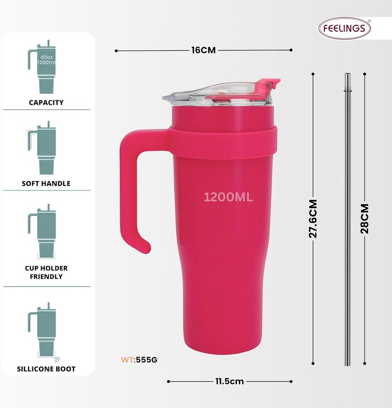 Feelings 40oz Insulated Stainless Steel Tumbler with Handle, Travel Coffee Mug with Straw and Lid (PINK) - Image 2