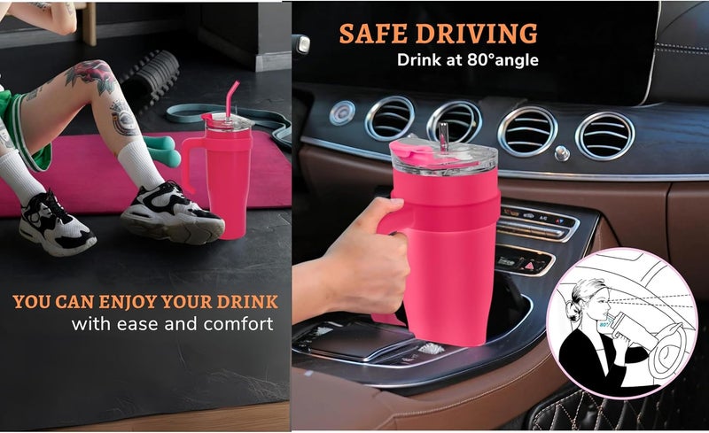 Feelings 40oz Insulated Stainless Steel Tumbler with Handle, Travel Coffee Mug with Straw and Lid (PINK) - Image 5