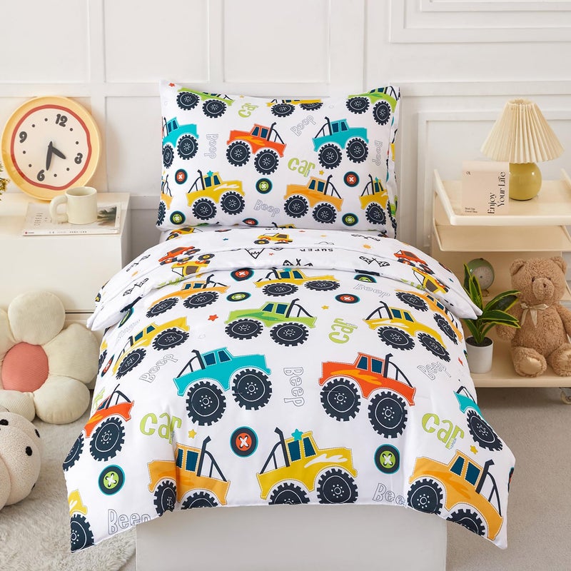 PERFEMET 4-Piece Toddler Bedding Set - Colorful Car Printed Toddler Comforter Set for Boys, Reversible Fluffy Toddler Bed Set for Baby Bedroom (White, Car Pattern) - Image 1