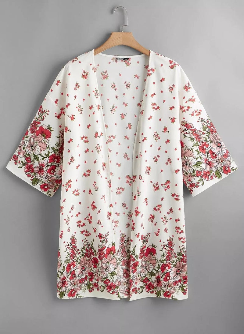 Plus Floral Print Open Front Kimono - Image 1