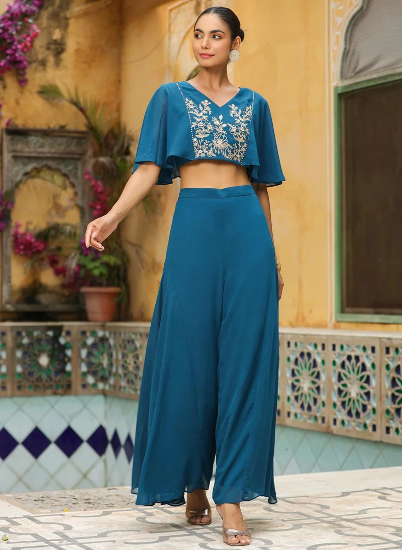زيري سوق Teal Blue Georgette Yoke Embroidery Co-Ord Set