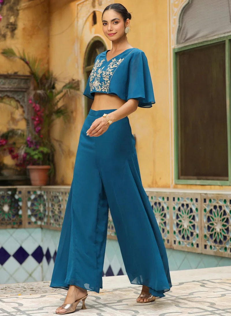 زيري سوق Teal Blue Georgette Yoke Embroidery Co-Ord Set