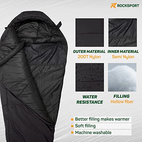 Rocksport Extra Warmth Sleeping Bag for Adults (-7°C to +3°C) | Heavy-Duty, Waterproof & Compact Winter Sleeping Bag for Men & Women | Thick Fleece-Lined Camping & Trekking Sleep Bag (Black) - Image 4