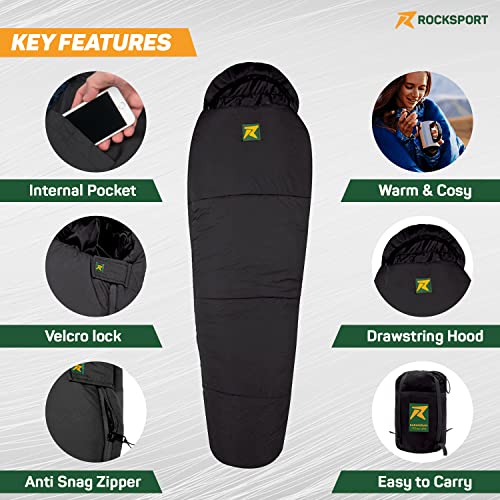 Rocksport Extra Warmth Sleeping Bag for Adults (-7°C to +3°C) | Heavy-Duty, Waterproof & Compact Winter Sleeping Bag for Men & Women | Thick Fleece-Lined Camping & Trekking Sleep Bag (Black) - Image 5