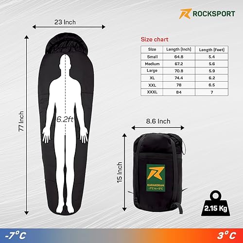 Rocksport Extra Warmth Sleeping Bag for Adults (-7°C to +3°C) | Heavy-Duty, Waterproof & Compact Winter Sleeping Bag for Men & Women | Thick Fleece-Lined Camping & Trekking Sleep Bag (Black) - Image 3