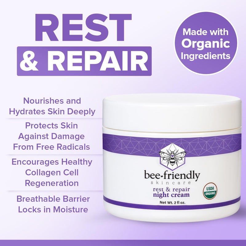 BeeFriendly Organic Night Cream, USDA Certified Organic, Deep Hydrating & Moisturizing Night Time Eye, Face, Neck & Decollete Cream for Women and Men, Anti Aging, Anti Wrinkle 2 oz - Image 4