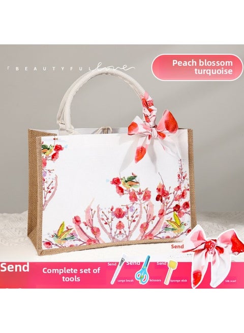Butterfly Ancient Bart Material Bag Diy Mother's Day Canvas Bag Children's Handmade Creative Linen Bag Group Building Activity Gift-Color:Vertical Style [peach Blossom Turtle] Comes With A Full Set Of Tools + Detailed Tutorials