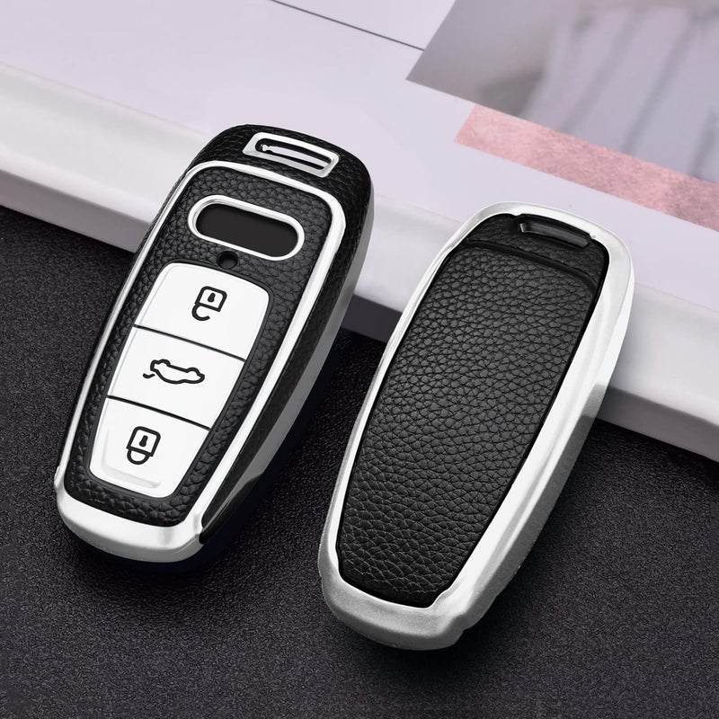 ELOHEI Audi Key Fob Cover - Soft TPU Key Case Protector for A6L A6 A7 A8 Q7 Q8 E-Tron 2018-2022 (Leather Texture Silver) - Image 2