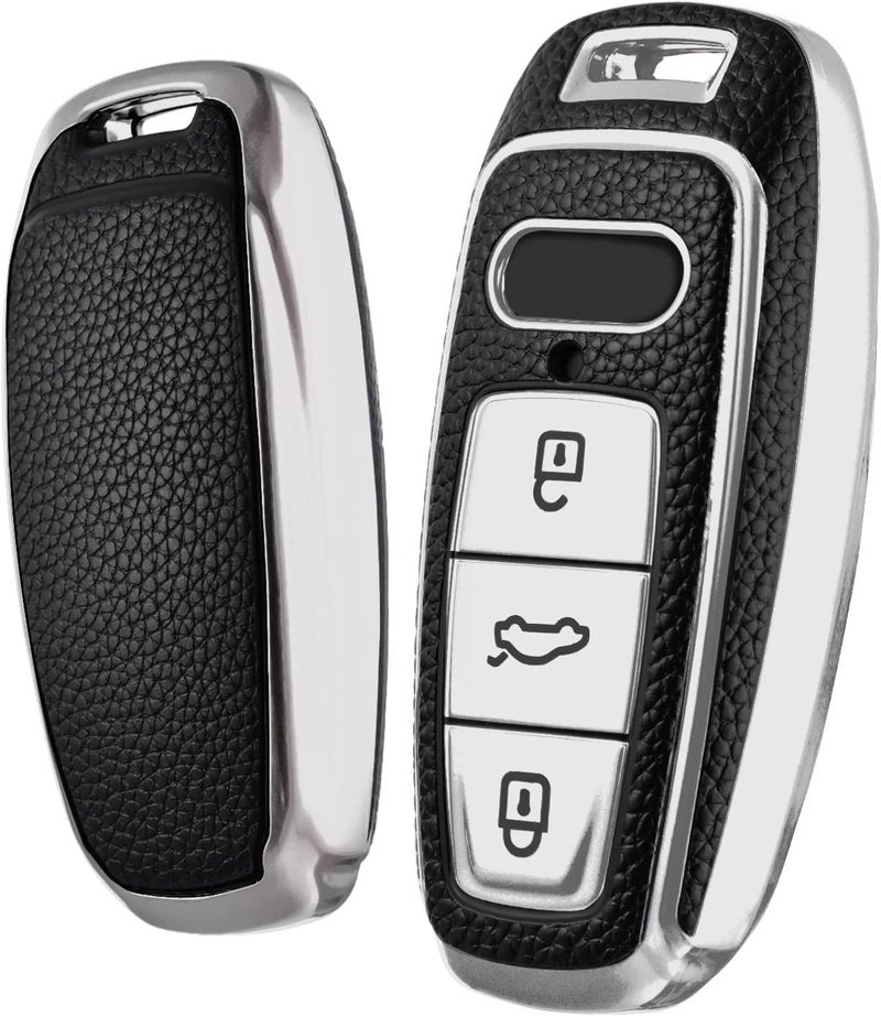 ELOHEI Audi Key Fob Cover - Soft TPU Key Case Protector for A6L A6 A7 A8 Q7 Q8 E-Tron 2018-2022 (Leather Texture Silver) - Image 1