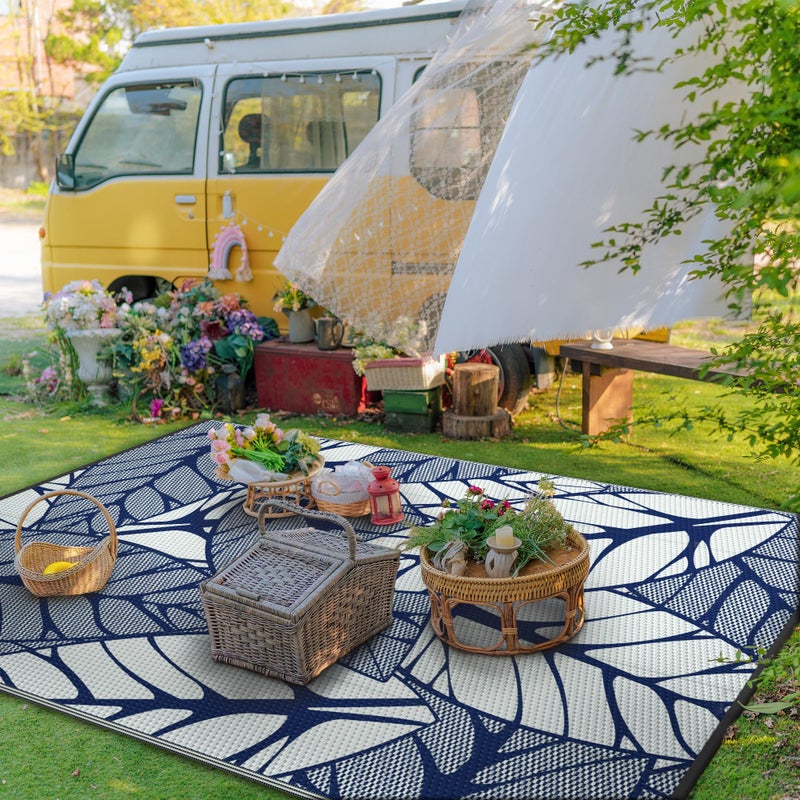 GENIMO Outdoor Rug 6' x 9' Waterproof for Patio Clearance, Reversible Plastic Straw Camping Carpet, Lightweight Mat for Rv, Camper, Deck, Porch, Picnic, Balcony, Beach, F.Blue & White - Image 3